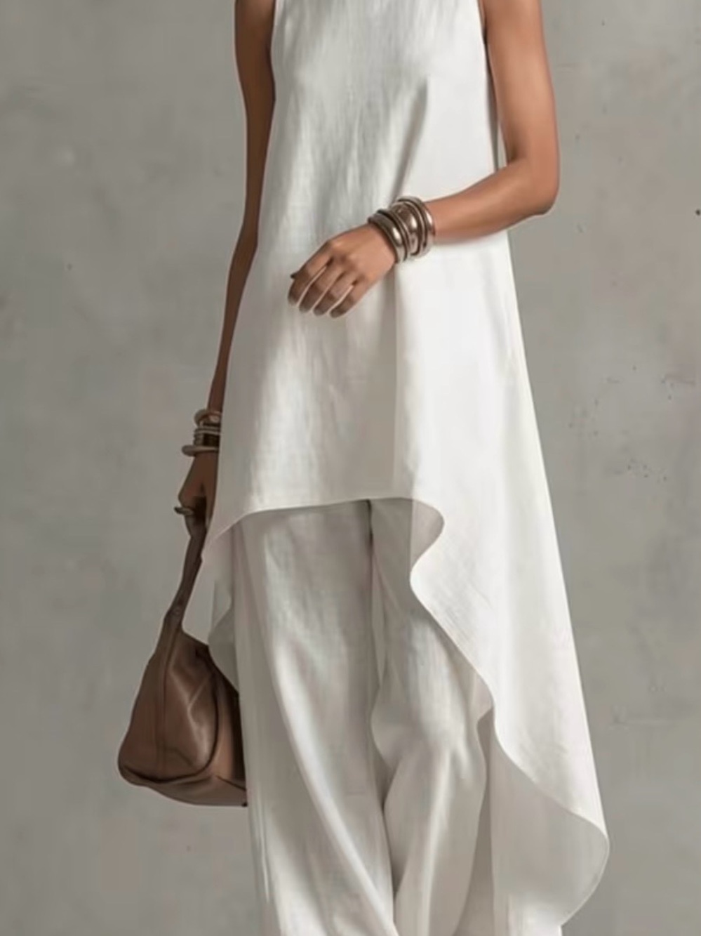 Women’s White High-Low Tunic & Wide-Leg Pants Set Sleeveless - Picture 7 of 9